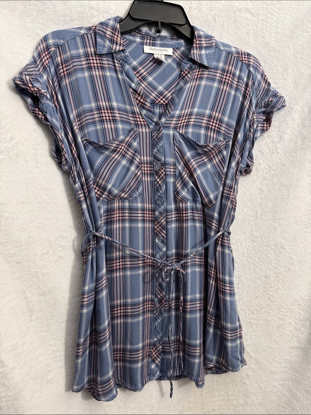 Motherhood Maternity Blue and Pink Plaid Tie-Waist Shirt Dress